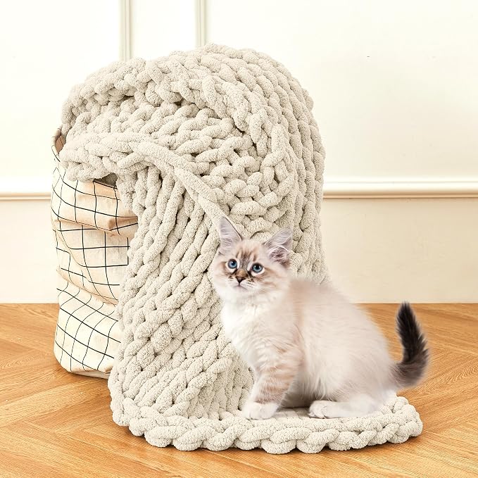 Chunky Knit Blanket Throw for Couch, 60"x80" Chunky Yarn Knitted Blankets | 100% Hand Knit Thick Chenille, Soft Breathable for Bed, Sofa, Home Decor, Cozy Gifts for Women Friends, Ivory