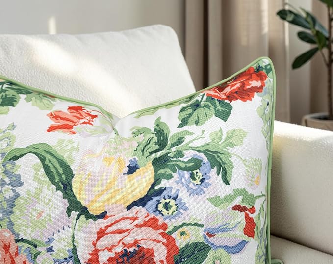 Vintage Rose Floral Print 20x20 Throw Pillow Cover | Coral and pink rose bouquet on off-white slub, green piping; both sides printed; hidden; cover only