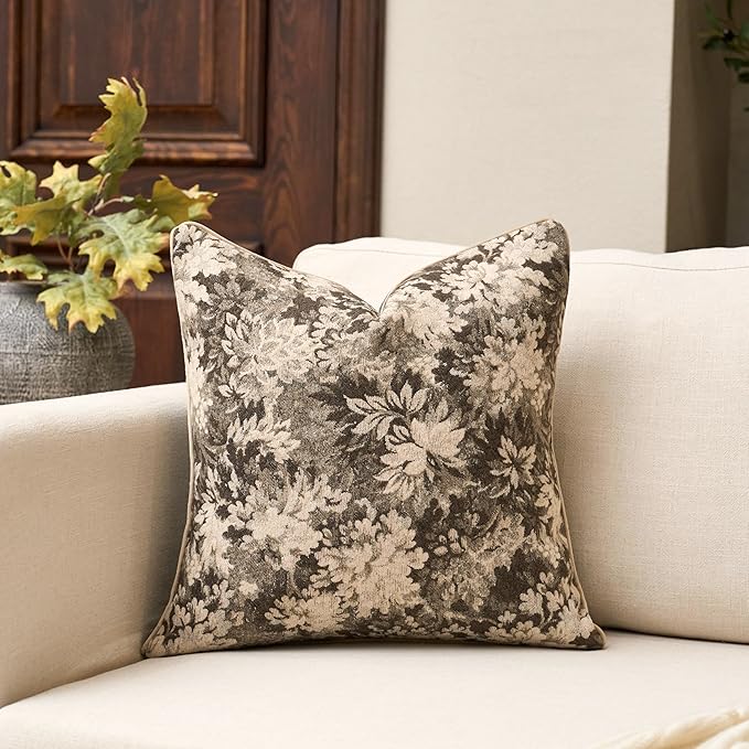 Neutral Floral Pillow Cover 20 x 20 Inches, Vintage Chenille Square Throw Pillow Cover Soft Decorative Farmhouse Accent Couch Pillow Cover for Living Room Bedroom, Grey