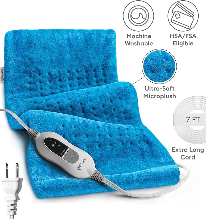 GENIANI Electric Heating Pad for Back Pain & Cramps Relief, Electric Throw, Self Care Gifts for Women, Heating Pad for Neck & Shoulder, Machine Washable Microplush, Auto Shut Off (12×24", Aqua Blue)
