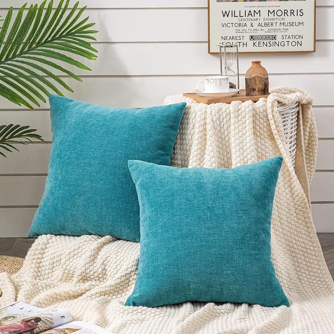GAWAMAY Decorative Square Throw Pillow Covers 18"x18" Inch Set of 2, Super Soft Chenille Pillows Cover Fall Pillowcase for Living Room Bedroom Sofa Couch Cushion Cover Teal 45x45cm (No Insert)