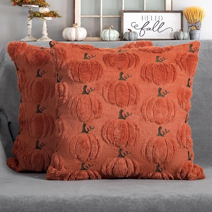 Fall Pumpkin Decorative Pillow Covers 20x20 Set of 2, Dark Rust Red Soft Plush Faux Fur Wool Farmhouse Throw Cushion Cases for Autumn Thanksgiving Holiday Home Decorations