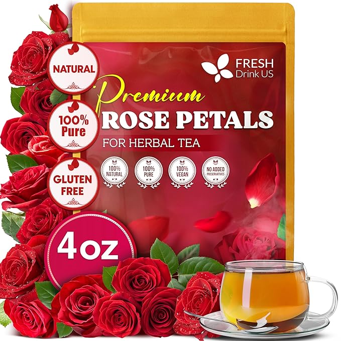 FreshDrinkUS, Premium 4oz Dried Rose Petals, 100% Natural & Pure, Herbal Tea, Daily Infusion Botanical, No Sugar, No Caffeine, No Gluten, Vegan. Rich in Antioxidantse.