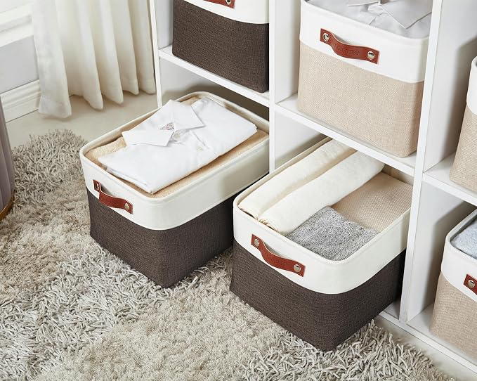 DECOMOMO Storage Bins, Extra Large Fabric Storage Baskets for Shelves 3Pack | 15.8 x 12.5 x 10 inches Decorative Linen Closet Organizers (Brown & White)