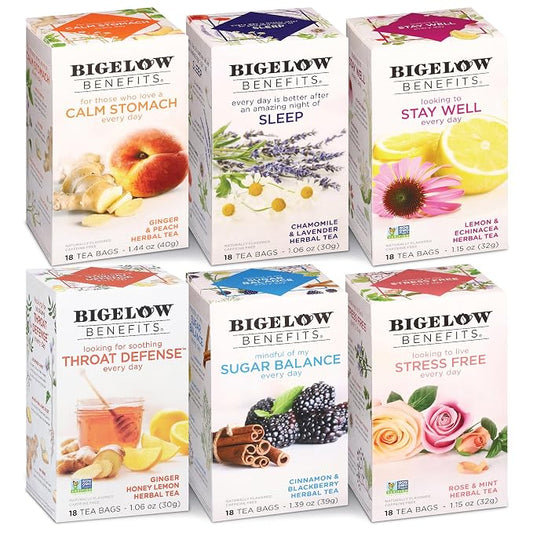Bigelow Benefits Wellness Teas Variety Pack, Mixed Caffeinated Green Matcha & Caffeine-Free Herbal Tea, 18 Count (Pack of 6), 108 Total Tea Bags (Packaging May Vary)