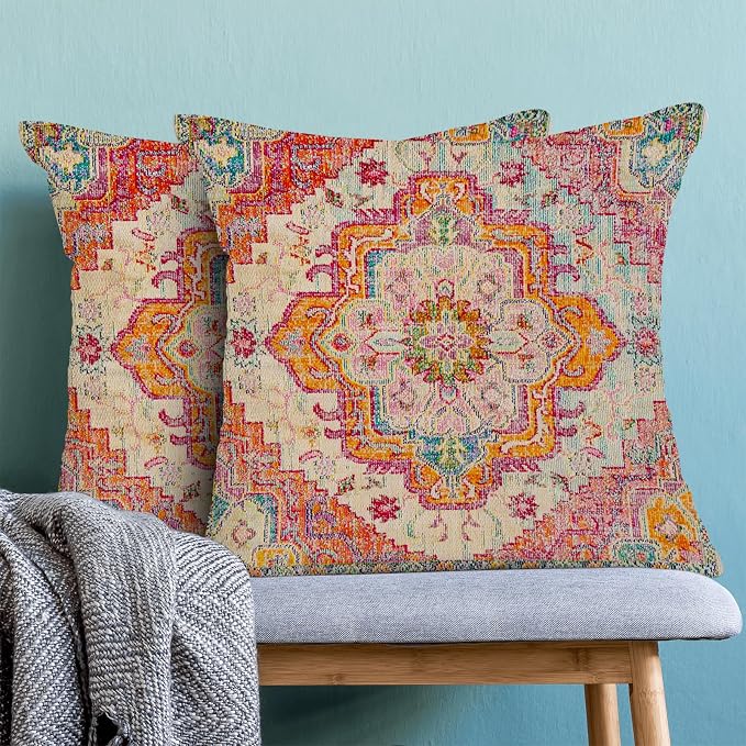 Boho Pillow Covers 18x18 Inch Set of 2,Carpet Pattern Throw Pillows Case,Orange Yellow Ethnic Design Retro Outdoor Decorative Square Linen Farmhouse Decor Cushion Covers for Home Sofa Bed Couch