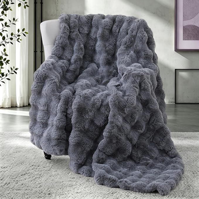 Super Comfort Oversized Warm Thick Bubble Luxury Plush Rabbit Faux Fur Throw Blanket, Fluffy Blanket,Soft Cozy Blanket for Couch Chair Bed Sofa Living Room (Cationic Grey, 50inX60in)