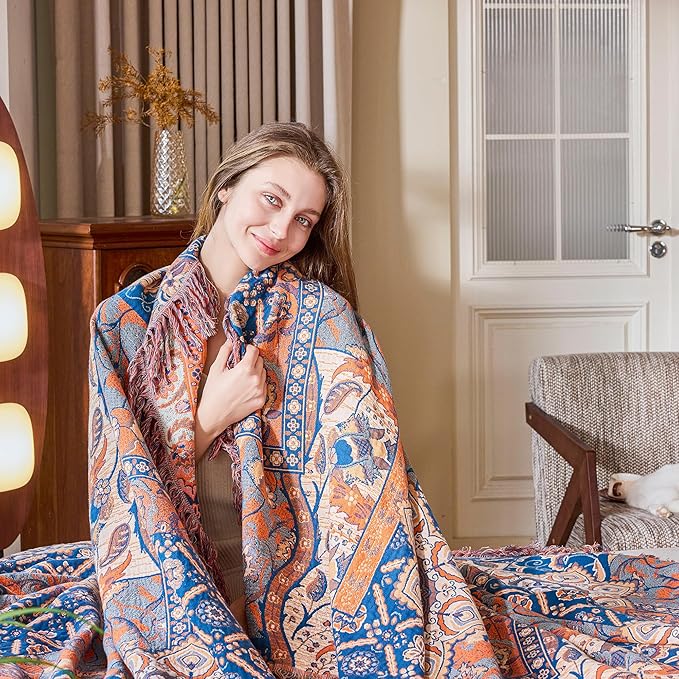 VANJOROY Boho Throw Blanket for Bed Couch 80" x 90", 100% Organic Cotton Skin-Friendly Ultra Soft Quilt Throw - Floral Rustic Living Room Decor Luxury Reversible Blanket for Sofa Chair and Gift