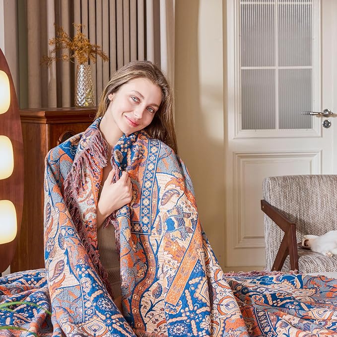 VANJOROY Boho Throw Blanket for Bed Couch 91" x 98", 100% Organic Cotton Skin-Friendly Ultra Soft Quilt Throw - Floral Rustic Living Room Decor Luxury Reversible Blanket for Sofa Chair and Gift