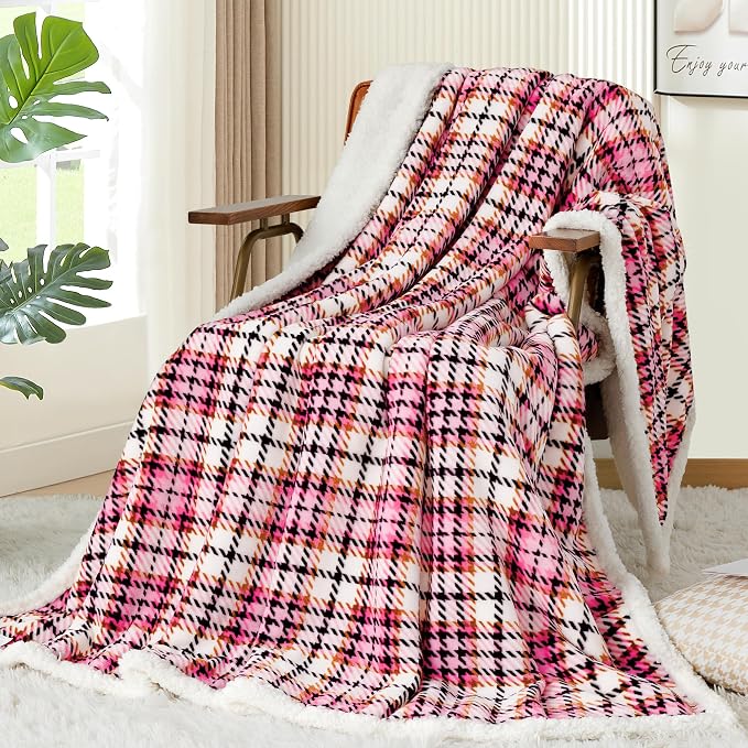 Sherpa Plaid Throw Blanket, 60" X 70" Fuzzy Fluffy Cozy Soft Blanket, Fleece Flannel Plush Twin Size Microfiber Blanket for Couch Bed Sofa, Black&Pink