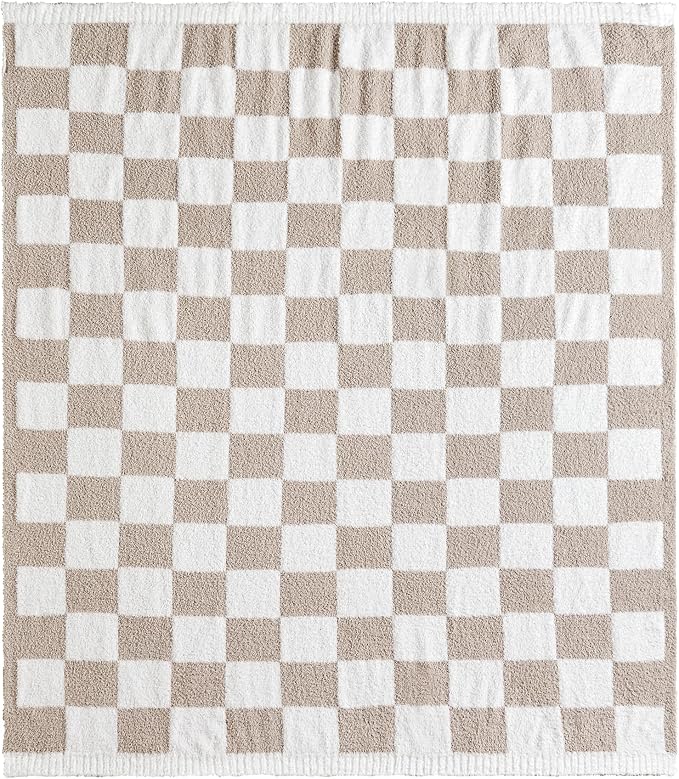 CREVENT 50‘’X60‘’ Ultra Soft and Plush Reversible Microfiber Throw Blanket for Couch Sofa and Bed (Checkered Beige)