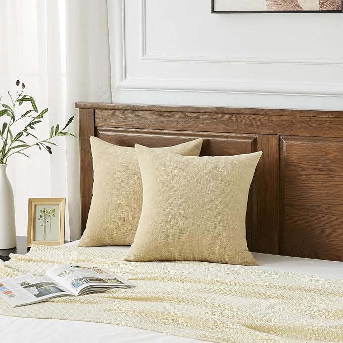 GAWAMAY Decorative Square Throw Pillow Covers 22x22 Inch Set of 2, Super Soft Chenille Pillows Farmhouse Fall Pillowcase for Living Room Bedroom Sofa Couch Cushion Cover Khaki 55x55cm (No Insert)