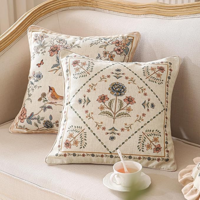 Designer Linen Throw Pillow Cover,Set of 2,18"x18"-Cornucopia B | Elegant French Square Pillow Cover,Concealed Zipper Design,Floral Pattern,Sofas,Bedroom,Living Room,Lounge Chairs