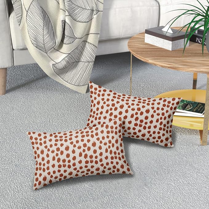 Burnt Orange Cream Pillow Covers 12x20 Set of 2 Boho Design Polka Dot Throw Pillows Modern Brush Strokes Print Decorative Outdoor Pillowcase Lumbar Cushion Cover Linen Pillow Case for Sofa Couch Bed