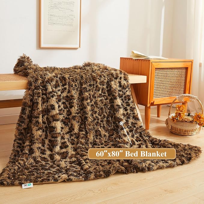 XeGe Luxury Faux Fur Leopard Print Blanket, Soft Cheetah Patterned Fluffy Bed Blanket, Shaggy Plush Decorative Couch Throw, Cute Furry Animal Print Fuzzy Throw for Sofa Bed Couch, Brown, 60x80