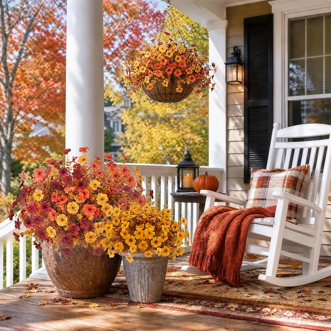 24 Pcs Artificial Fall Flowers, Fake Mums Outdoors, Deep Orange | Lifelike faux mums, silk flower, UV resistant, no-maintenance, for autumn Thanksgiving garden porch yard indoor outdoor decor