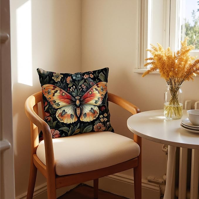 Colorful Floral Butterfly Pillow Covers 18x18, Retro Dark Cottagecore Wildflower Botanical Moth Decorative Throw Pillow Covers for Bedroom Living Room Home, Butterfly Room Decor