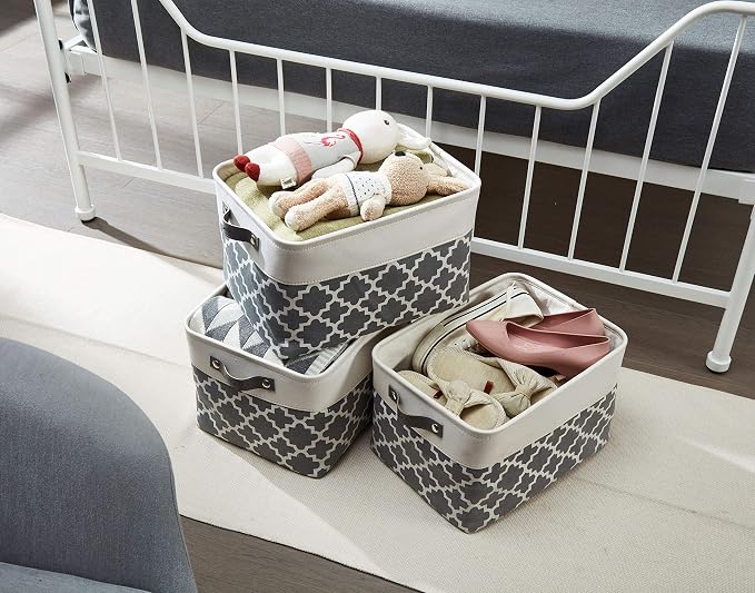 DECOMOMO Storage Bins, Large Fabric Storage Baskets for Shelves 3 Pack | 15 x 11 x 9.5 inches Decorative Linen Closet Organizers with Handles(Grey Patterns)