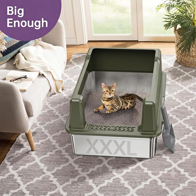 XXXL Stainless Steel Cat Litter Box with Lid, 26" L x 18" W x 12" H Metal Litter Box with High Sides for Big Cats & Multiple Cats, Never Absorbs Odors, Anti-Urine Leakage, Easy Cleanin(Green)