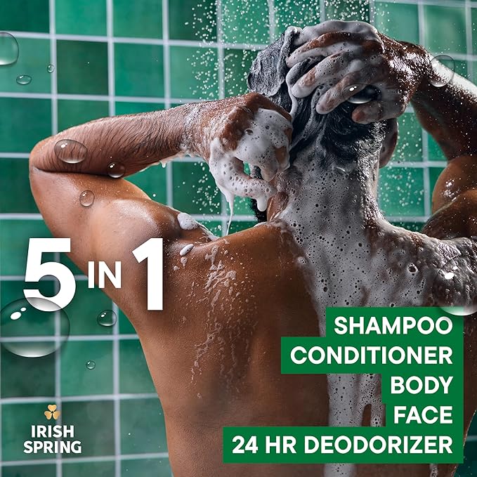 Irish Spring 5 in 1 Moisturizing Body Wash for Men, Shampoo, Conditioner, Body and Face Wash, and 24 Hour Deodorizer, Paraben-Free, Fresh Eucalyptus & Bergamot Scent, 30 fl oz - Packaging may vary