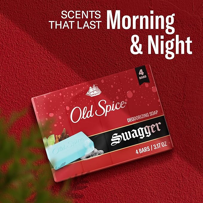 Old Spice Bar Soap for Men, Refreshing Clean to Wash Away Dirt & Odor, Cleansing Formula, Long-Lasting & Confidence-Boosting Fragrance, Swagger with Lime + Cedarwood Scent, 3.17 oz (Pack of 4)