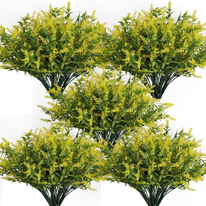 RECUTMS 36Packs Artificial Plants Outdoor,Yellow Artificial Flowers Outside | Fall Decor,Fake UV Resistant Greenery Lavender Outdoor Plants,Faux Flowers Shrubs for Porch Garden Window Box Home Decoration