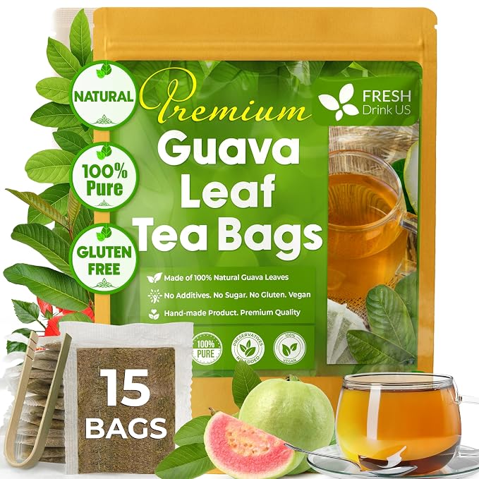 FreshDrinkUS, Premium Leaf Tea Bags, 100% Natural & Pure. Herbal Tea. No Sugar, No Caffeine, No Gluten, Vegan. (15 Bags Guava Leaves)