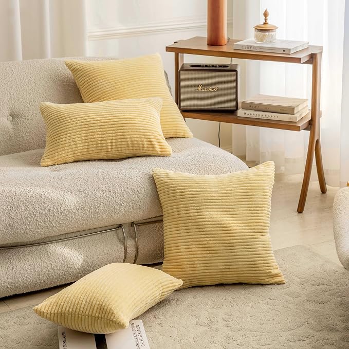 Home Brilliant Throw Pillow for Couch Yellow Square Decorative Euro Sham Modern Striped Corduroy Summer Pillow Cover 24x24 for Chair Sofa Bench Bedroom Decor, 24 x 24 inch (60cm), Light Yellow