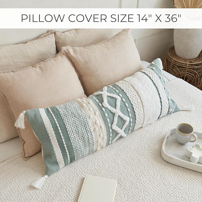 Decorative Boho Lumbar Pillow Cover 14x36 - Soft Textured Throw Pillow | Beautiful Accent Piece for Bed, Couch Decor or as Body Cushion - A Stylish Addition to Your Bedroom
