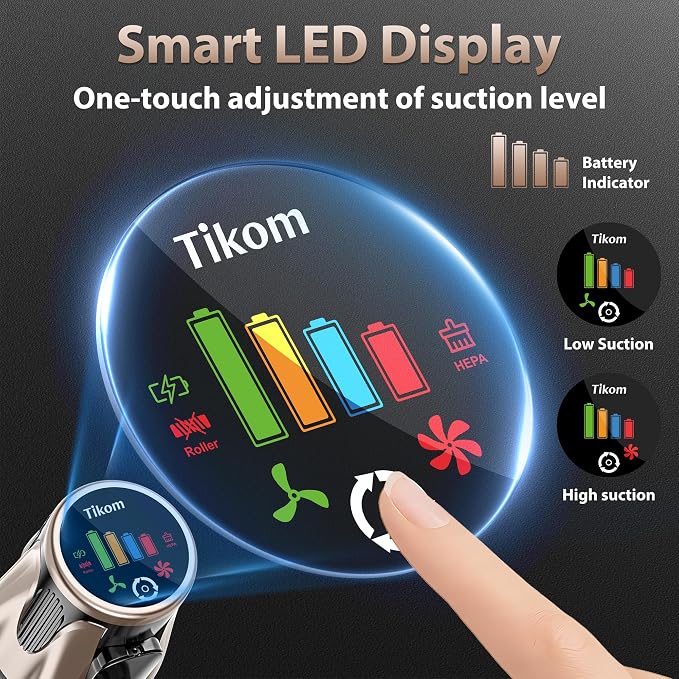 Tikom V850 Cordless Vacuum Cleaner for Home, 50000Pa/550W 70Mins Stick Vacuum with LED Touch Screen, 1.8L Dust Cup, Charging Wall Dock, Anti-Tangle, Lightweight Vacuum for Pet Hair, Hard Floor, Carpet
