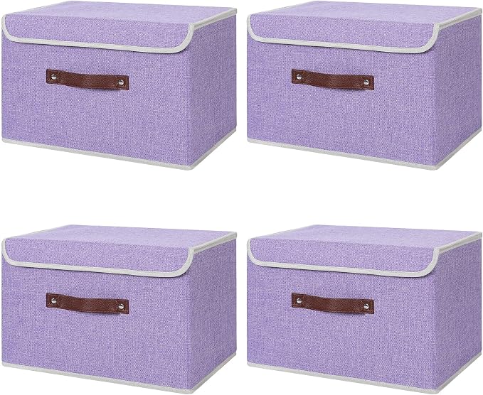 ANMINY Fabric Storage Box Bins with Lids, Purple, 15"x10"x10", 4 Pack | Keepsake Memory Storage, Cotton Linen, PP Board Reinforced, Washable, PU Handles, Foldable & Stackable, Decorative, Large
