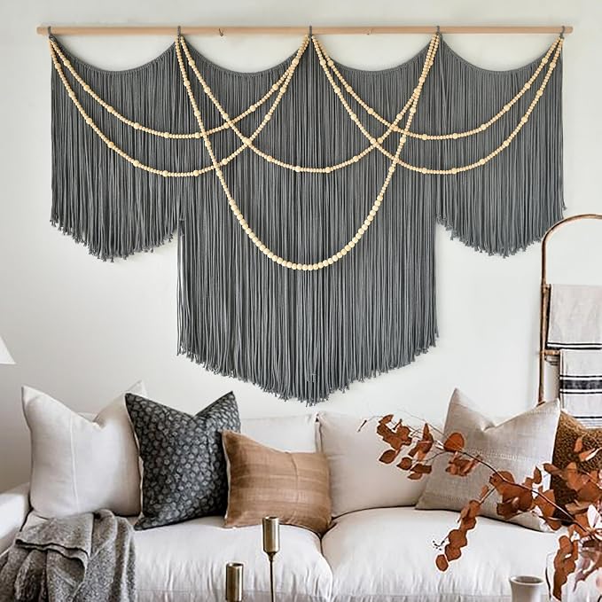 Large Macrame Wall Hanging Grey Boho Wall Art Beaded Decor 57"W*39"L | for Bedroom, Handwoven Cotton Art, Beaded Fiber Design, Textured Wall Accent, Sofa Backdrop Decor, Modern Home Decoration