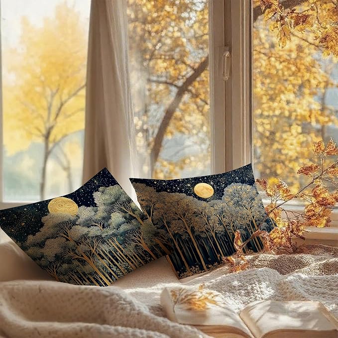 Rustic William Morris Night Forest Green Moon Decor Pillow Covers 18x18 Set of 2,Vintage Botanical Nature Landscape Decorative Throw Pillow Covers for Home Bedroom Living Room