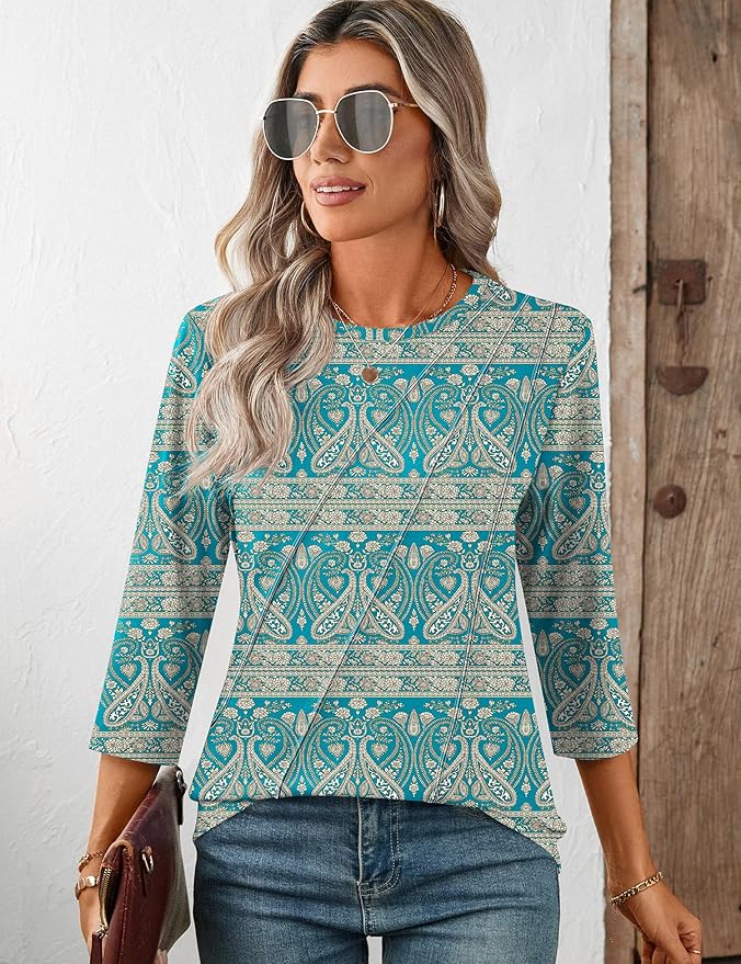 LOMON 3/4 Length Sleeve Womens Tops Spring Summer Fashion 2026 Tops Crew Neck Pleated Shirts Tunic Top Loose Fit