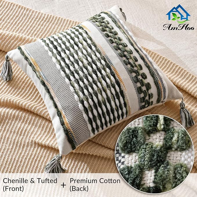 Set of 2 Chenille Striped Textured Boho Throw Pillow Covers Aesthetic with Tassels Woven Decorative Pillow Case for Couch Bed Sofa Bedroom Modern Funky 18 x 18-Inch Sage Green
