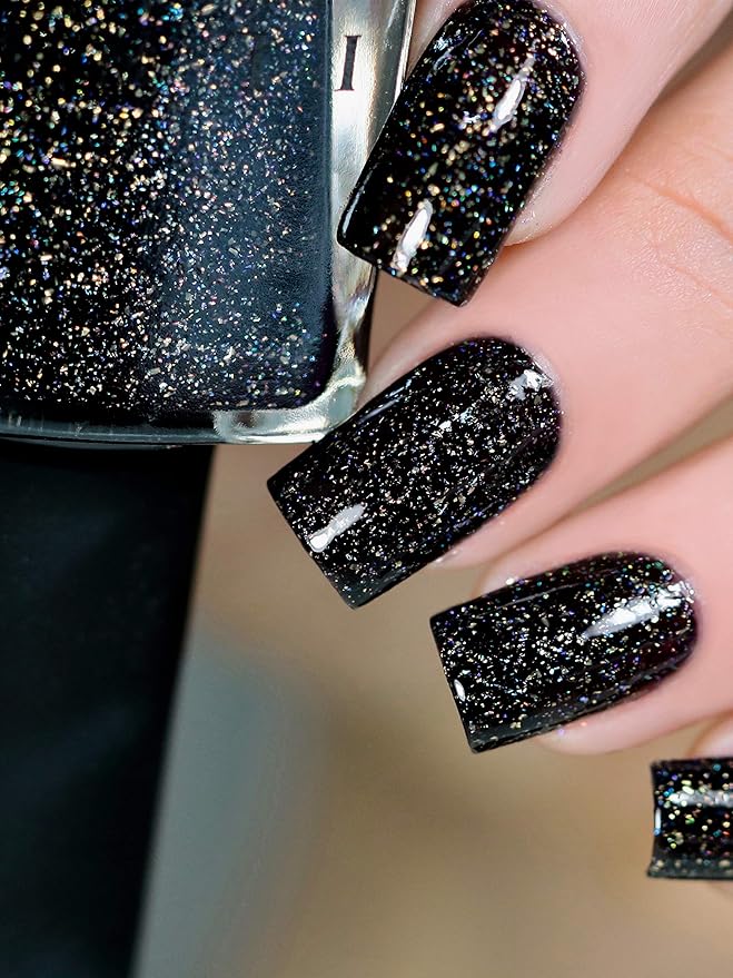 ILNP Silhouette - Rich Black Gold Flake Holographic Nail Polish