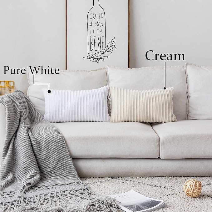 UGASA Velvet 12x20 Inch Lumbar Throw Pillow Cover, Both Sides Corduroy Striped, Soft Solid Decorative Rectangular Cushion Case for Couch/Bedroom/Car, 1 Piece, Cream