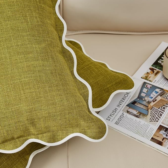 Scalloped Pillow Covers Set of 2 for Living Room | Spring Decorative Sofa Couch Pillows | Boho Sytle Decorative Home | Aesthetic Funky Preppy Pillow Cases (Green & Yellow, 16x16 Inch)