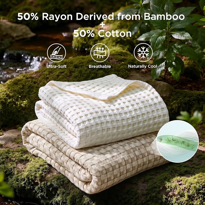 Bedsure Cooling Waffle Full Size Blanket - Lightweight Cotton Blanket for Hot Sleepers, Luxury Throws for Bed, Couch and Sofa, Khaki, 80x90 Inches