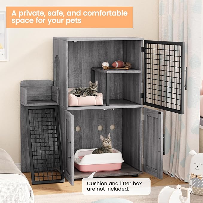 IDEALHOUSE Cat Litter Box Enclosure with Double Layer, Dark Grey | Double Layer Cat Litter Box Furniture with Ladder, Creates a Private Cat Space While Keeping Living Rooms Clean and Organized