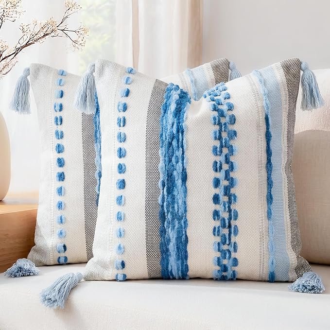 PANOD Chenille Farmhouse Throw Pillow Covers 18 x 18 Blue, Neutral Boucle Couch Pillow Cover, Striped Decorative Boho Coushion Cover Pillow Case for Couch Bed Sofa Bedroom,Modern Accent,Set of 2