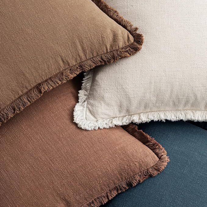 MIULEE Fall Linen Fringe Pillow Covers Set of 4 18x18 Beige/Brown/Blue | Boho Farmhouse Decorative Throw Pillow Covers, Neutral Soft Rustic Cushion Cases, for Couch Sofa Bed Living Room Home Decor