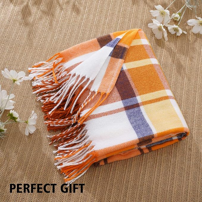 Fall Plaid Throw Blanket for Couch Bed, Mustard Throw Blanket, Fall Decor | 50x60in, Orange Fall Blanket, Woven Throw with Tassels, Buffalo Checkered Plaid Blankets and Throws Farmhouse Style for Home