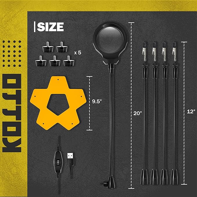 KOTTO LED Lighted Magnifying Third Hand Soldering PCB Holder Tool Five Arms Helping Hands Crafts Jewelry Hobby Workshop Helping Station Non-slip weighted base, LED Lamp