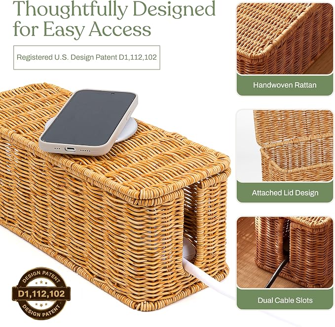 Cable Management Box Set of 2 Sizes, Handmade Rattan Cable Organizer with 2 Open Slots, Cord Hider for Power Strip, Router & USB Hub, Registered U.S. Design Patent (D1,112,102), Natural