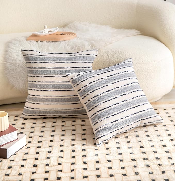 Cethom Decorative Boho Throw Pillow Covers, Farmhouse Textured Pillow Case, 22 x 22 Inch Set of 2, Chair Sofa Bedroom Living Room Decor Couch Cushion Case, Navy Blue and Beige Striped