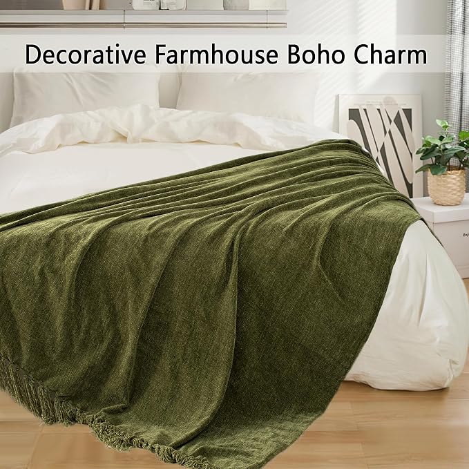 Chenille Throw Blanket for Couch 60" x 80" Twin, Olive Green | Soft Cozy Throws with Fringe Tassel, for Living Room Bed Sofa Chair Cover, Lightweight Knitted Boho Blankets Christmas Decor