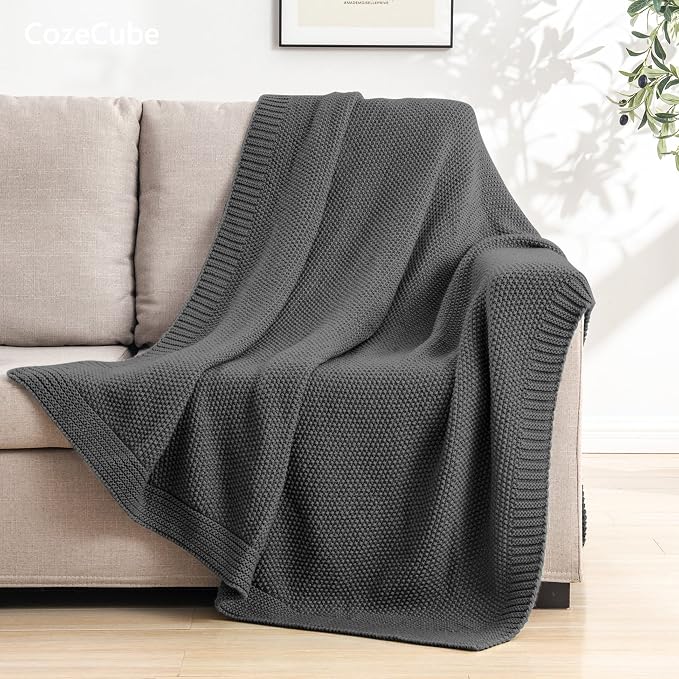 CozeCube Charcoal Grey Seed Stitch Throw Blanket 60"x80", Farmhouse Decor | Blanket for Couch, Soft Cozy Cable Knit Throw for Bed Sofa Living Room, Lightweight Warm Decorative Christmas Blanket