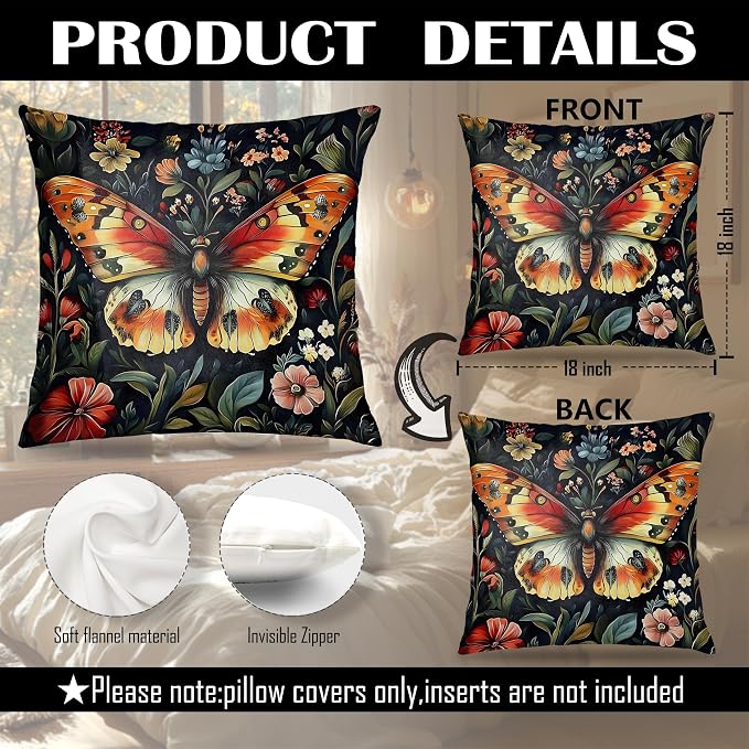 William Morris Inspired Butterfly Pillow Covers 18x18 Set of 2, Butterfly Room Decor, Dark Cottagecore Floral Botanical Moth Decorative Throw Pillow Covers for Home Bedroom Living Room
