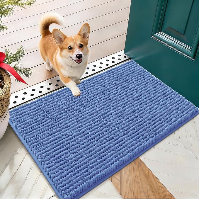 OLANLY Dog Door Mat for Muddy Paws 24x16, Extra Absorbent Chenille Mud Mat | Cornflower Blue, Absorbs Moisture and Dirt, Non-Slip Machine Washable Doormat, Quick-Dry Indoor Entryway Floor Mat for Dogs
